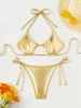 Frauen Badebekleidung sexy Gold Bikini 2024 Mujer Frauen Brasilianer hohl Out PUS -up PU Leder Micro Badeanzug Badeanzug Tie