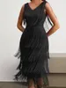 Casual Dresses Red Tassel Party V Neck Sleeveless High Waist Women Fringe Dance Evening Birthday Gowns Sexy Club Loose Robe