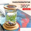 Akvarier 360 grader roterande glas betta fiskbehållare bambu bas mini dekoration rotera skål akvarium tillbehör för kontor253h drop dhdxw