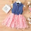 Abiti da ragazza Pt Childrens e ragazze Design in 3D Flower Denim Mesh Sleeveless Dressl240508