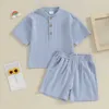 Kledingsets Babyjongen Zomerkleding Katoenlinnen Korte mouw Henley-shirts en shorts Set Toddler 2pcs Solid Outfit 6m-4Y H240508