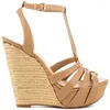 Kleiderschuhe Khaki Wedge Espadrille Sandalen T Gurt Peep Toe Platform Heels