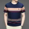 T-shirts Summer Mens Short Sleeved Cotton Striped T-Shirt Street Clothing New Herr Rund Neck Quick Torkning Daglig Löst lös topp J240506