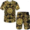 Tracksuits voor heren zomer luxe gouden bloemenprint 3d mannen dames T-pakken pakken vintage barokke patroon t-shirts shorts set mode tweedelige mode