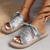 Slippers Women's 2024 Summer Open Toe Flat Crystal Mesh Shoes Комфортно для дыхания кружева zapatos