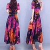 Partykleider A-Line Kleid Bohemian Blumendruck Midi für Frauen hoher Taillenschwung Stil mit kurzen Ärmeln rund Sommer