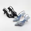 Hip Summer Sandal Denim Water Diamond Dress Shoes High Heel Sandals Pointed Thin Heels Comfortable Women Shoes Fenty Slides 240228