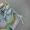 Feme's Jeans Girls Shorts 2024 Été Stretch Denim High Waist Slim Exquis Rhingestone Wide Jam Femme Pantalon