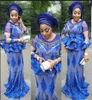 Robes de soirée africain Plus taille sirène royal bleu joyeuse peplum perles à manches longues robe de bal long aso ebi femmes fête formelle go9903043