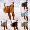 Мужские шорты 2024 мужчины летние хлопковые льняные шорты для расточительной веревки эластичная талия прямая нога с твердым цветом дышащий пляж пять повседневных средних брюк Y240507