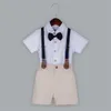 Boys Sump Summer Handsome Short Shorte Shirt Backpack Parers Set a quattro pezzi (camicia + pantaloni + zaino + papillon)