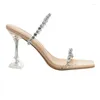 Klädskor strass med tofflor bär sandaler kvinnor platt sandal glitter strass kristall stilett mode transparent höga klackar