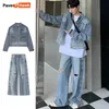 Automn Denim Set Men Denim Jacket large Joue droite Straight Color Couleur solide Color de style coréen Collier de support de rue 2pcs Suite 240424