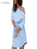 Summer Woman Dress Blue Striped Shirt Short Dress Mini Sexy Side Split Half Sleeve Beach Drs Plus Size Shirt 3XL9653907