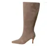 Stövlar Drop Woman Fashion Caramel Grey Black Solid Suede Pointed Toe Kne High 70 mm tunna klackar Slip på Botas Shoes