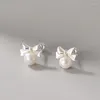 Gestüt Ohrringe 999 Sterling Silber Korean süßer Pearl Bogen für Frauen Mädchen Hochzeitsfeier Schmuck