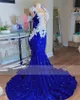 Glitter Royal Blue Cequine Sukienki na balsame sukienki z koralikami koronkowe aplikacje Iluzja V-dół Sexy Długie ukończenie szkoły dla dziewcząt 2024 Letni wieczorne suknie