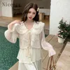 Women's Blouses Spring Fashion Women Clothes Lace Chiffon Shirt Ruffle Neck Sweet Ladies H-shaped Long Sleeve Vest Two Piece Set