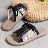 Slippers Women's 2024 Summer Open Toe Flat Crystal Mesh Shoes Комфортно для дыхания кружева zapatos