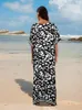 Taille plus boho Boho Black White Leopard Print Kaftan Beach Cover Ups for Women 2024 Summer Loose Caftan House Robe Q1609