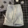 Heren shorts sfeerstijl hoge taille knoopte denim shorts heren trendy ontwerp riem straat hiphop casual zomer capris h240508