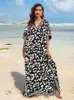 Plus Size Boho Schwarzer weißer Leopardenmuster Kaftan Beach Cover ups für Frauen 2024 Sommer Lose Caftan House Kleid Q1609