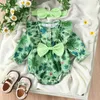 Rompers Baby Girl Easter Outfits Spring Long Sleeve Bow Front Ruffle Romper with Headband Set Infant Clothes H240508