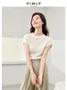 Camisetas para mujeres Vimly albaricoque de lana redonda de lana Camiseta de punto recortada 2024 Summer sólido Slim casual tops ropa mujer