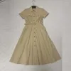 Sukienki imprezowe dla kobiet czysty bawełniany khaki kolor lapowy sukienka A-Linia projektant Elegancki pojedynczy piersi pasek 2024 wieczór midi