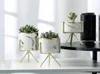 Set of 3pcs Marbling White Ceramic Flower Pots with Iron Stand Desktop Planters Home Garden Decoration with Gold Detailing Y2007231104295