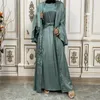 エスニック服eidムバラク・ジェラバ・フェム・ロング・マッチング・セット女性イスラム教徒のサテンオープンアバヤ・着物カフタン・イスラム・ジャラビヤ・ラマダン・ローブ