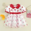 Flickans klänningar Baby Girl Valentines Day Short Sleeve Dress Doll Collar Heart Print Tulle klänning Söt flickor Casual A-Line Dress H240508