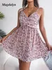 Partykleider Magdalyn Women Blumendruck Blumendruck Sundress zerrüstet eine Linie Bohemian Beach Vestidos Urlaub koreanische Sommer Chiffon Spaghetti -Gurt