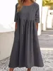 Vestidos de festa casual solto vestido de linho de algodão sólido de cor sólida para mulheres primavera no verão o pescoço meia manga maxi manto femme