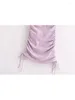 Casual Dresses Summer 2024 Womens Fashion Side DrawString Pleated Mini Dress Ladies Elegant O-Neck ärmlös Slim Purple Short