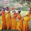 Bruidsmeisje jurk gele zeemeermin jurken off-the-shoulder elastische satijnen bruidatuurmaat voor bruiloftsfeest 201e