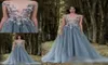 Amazing 3D Flower Applique Robes de soirée 2017 Sheer Neck Cap Sleeve Grey Une ligne Robes de bal Selleins Longueur du sol en tulle perlé pour 6007840