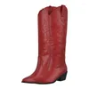 Stiefel einzigen Maklerinnen Frauen speicherte Zeh Red Knie High Western Cowboy Breitkalb gestickt Block Heel Pull-on Cowgirl Booties