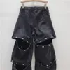 Spring Street Trend Afneembare multibutton Design onregelmatige jeans hoge taille broek zwarte wide been vrouwen 240423