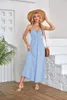 Summer Long Dresses Hanging Neck Backless Beach Light blue Dress For Women Solid Color Sleeveless V Neck Pleated Sundress Vestidos Largos