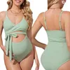 Hamile Bikini Giyim Hamile Kadınlar İçin Katı Yeşil İçi Boş Mysuits Gebelik Tek Parça Çat Bağlama Mayoları Premama Swimwears 240507