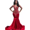 2024 Sexy Red Luxury Prom Dresses Jewel Neck Illusion Velvet Mermaid Sleeveless Rhinestone Crystal Beads Evening Dress Prom Gowns Sweep Train