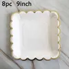 Diminuiço de jantar descartável Criativo 8 convidados White Tableware Golden Edge Placas quadradas Copas de casamento Favor de aniversário Decoração para crianças e adultos Q240507