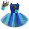 RoyalBlue Peacock Costumes For Girls Carnival Halloween Fancy Dresses For Kids Birthday Party Tutus Outfit With Flower Feathers 240429