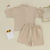 Kledingsets Babyjongen Zomerkleding Katoenlinnen Korte mouw Henley-shirts en shorts Set Toddler 2pcs Solid Outfit 6m-4Y H240508