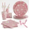 Engångsgräs daisy tema födelsedagsfest dekoration rosa engångsskrivbord mjukvaran kartong baby shower q240507