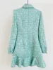 Robes décontractées Femmes Simple Breasted Green Tweed Mini robe à manches longues Decoration Diamond Poches Ruffle 2024 Spring Lady Sequin Robe