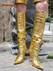 Stivali in pietra-glossy ginocchio lucido alto tacchi sottili dorati pungenti in inverno per femmina plus size 46