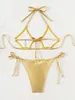 Frauen Badebekleidung sexy Gold Bikini 2024 Mujer Frauen Brasilianer hohl Out PUS -up PU Leder Micro Badeanzug Badeanzug Tie