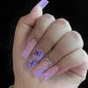 Nainas falsas 24 piezas de ataúd uñas falsas diseños de mariposas grn diseños de uñas falsas con diamantes de imitación brillantes portadas de cubierta completa francesa en las uñas T240507